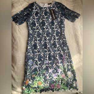 Lace overlay midi dress with colorful ombre flowers on the bottom